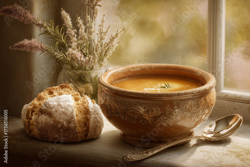 Rustic pumpkin soup in ceramic bowl with bread on windowsill, cozy autumn still life