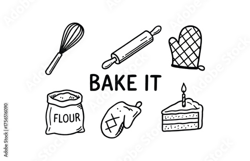 Baking essentials for kitchen enthusiasts: whisk, rolling pin, and oven mitt icons