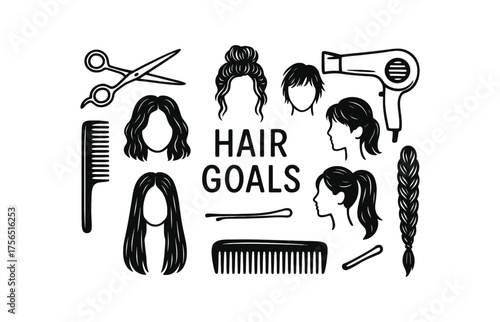 Hair styling and grooming icons for beauty and fashion design