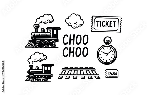 Vintage train travel icons for collectibles and design projects