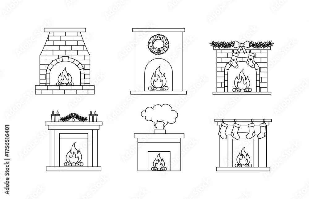 Fototapeta premium Cozy home fireplace icons for winter and holiday design projects