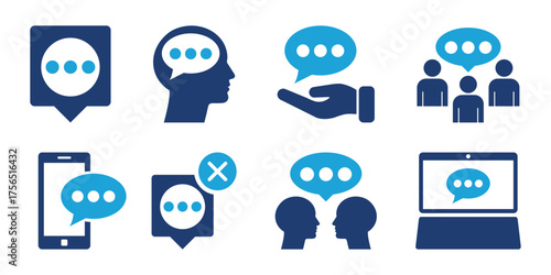 Communication vector flat icon set.
