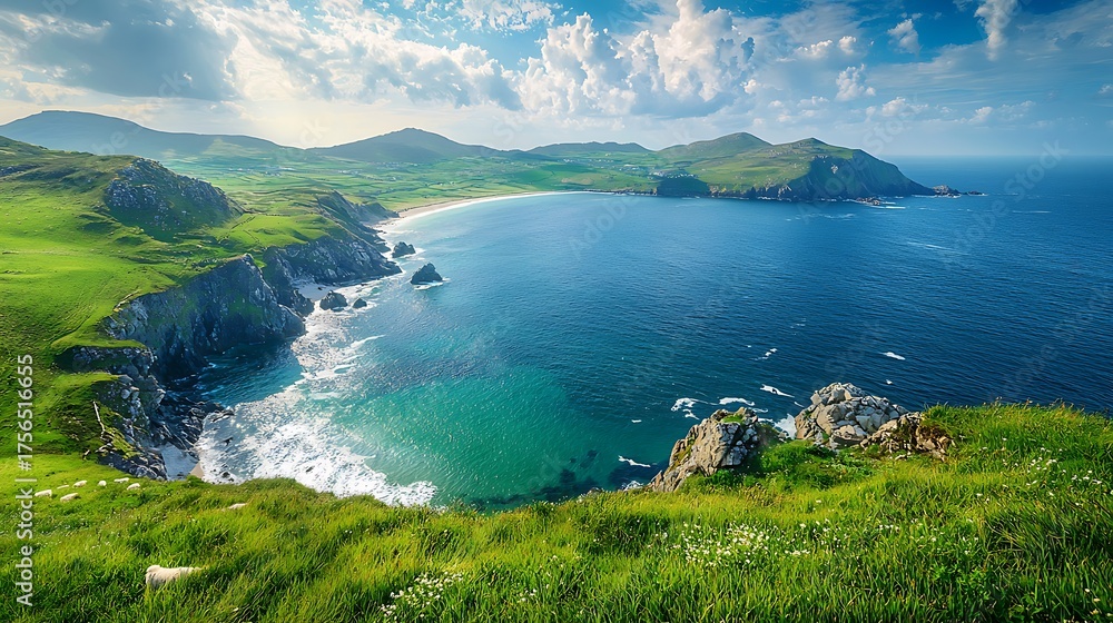 Fototapeta premium Scenic coastal landscape with lush green hills and turquoise waters under a bright sky.