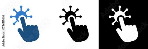 Vector icon showing a hand touching a virus, representing user interaction, innovation, or technological control. Perfect for UX UI design projects, interactive systems, etc.