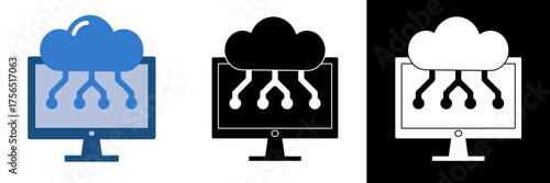 Stylized computer monitor with a cloud and circuit lines representing cloud storage and digital networking. Perfect for technology, cloud services, data management, and software development visuals