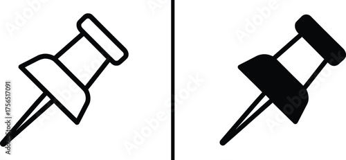 Pushpin Icon Set: A minimalistic set of two pushpin icons, rendered in both outline and solid styles, offering a versatile representation of marking or pinning concepts.