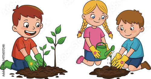 Cartoon children planting trees, watering plants, gardening activity, environmental care, eco education, teamwork, green lifestyle, nature protection, sustainability, outdoor fun.