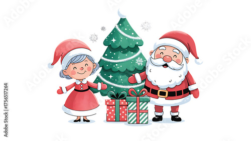 Charming christmas illustration isolated on transparent background featuring santa claus, mrs claus, christmas tree and gifts, creating a warm and joyful holiday scene
