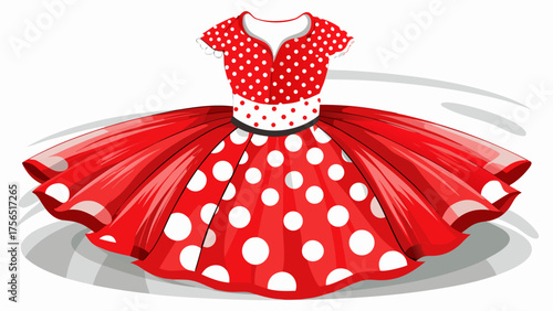 Very beautiful white and red polka dot bodice paired with red tulle skirt, highlighted in a close-up, creating a playful, festive, and stylish outfit perfect for cheerful vector illustrations.