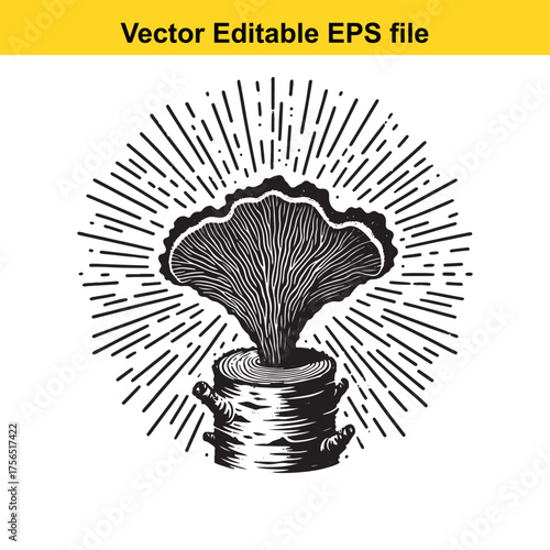 vector art of stylized black and white illustration of a mushroom growing from a log with radiating lines