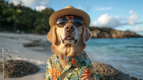 Golden Retriever vacationing on a tropical beach with sunglasses and a hat.
