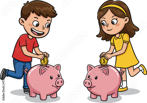 Cartoon kids saving money in piggy banks, boy and girl holding coins, financial education, learning savings, investment, money management concept.