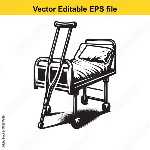  vector art of hospital bed with crutches, symbolizing recovery and medical care