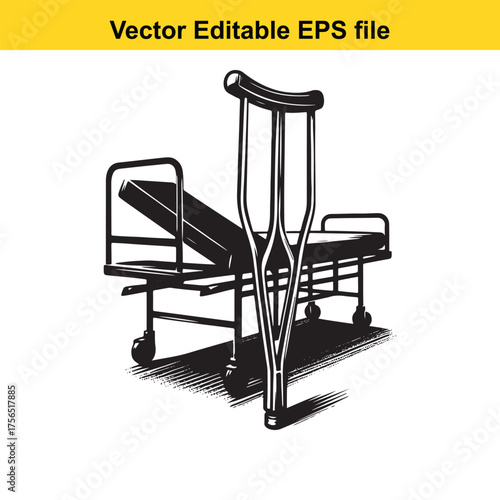  vector art of medical gurney with crutches, illustrating patient transport and mobility assistance