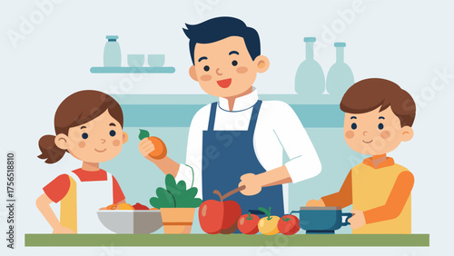 A dad showing his kids how to make a delicious and balanced meal instilling healthy habits from a young age.. Vector illustration