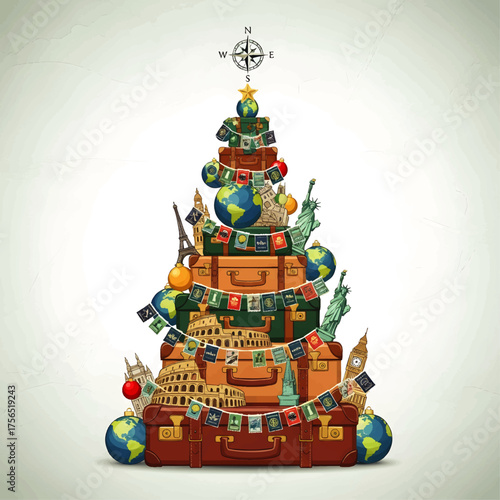 A Christmas tree constructed of stacked suitcases, adorned with miniature landmarks, globes, and a compass rose topper, symbolizing travel.