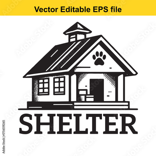  vector art of vector illustration of a simple animal shelter building with the word shelter