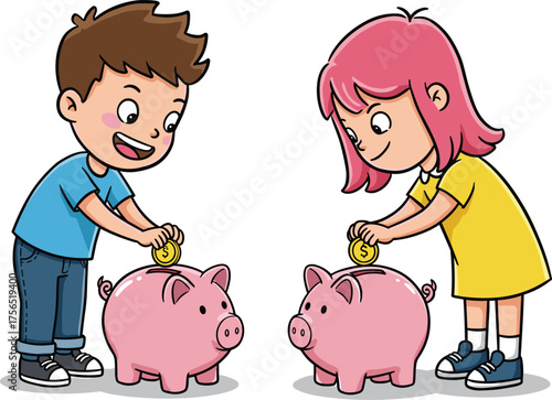Happy children saving money in piggy banks, cartoon boy and girl holding coins, financial education, kids learning savings, wealth, money management.