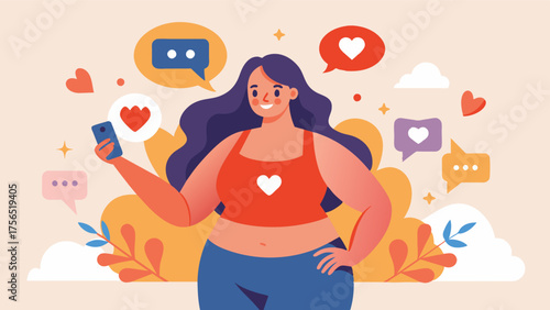 A body positive influencer encouraging their followers to embrace their natural bodies and reject the airbrushed and filtered images commonly seen on social media.. Vector illustration