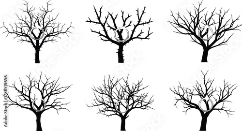Silhouette illustration of leafless trees with perched owls, spooky forest design, wildlife artwork, dark night nature scene, Halloween seasonal decoration