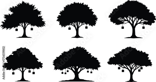 Silhouette illustration of large trees with hanging lanterns, decorative forest artwork, night nature scene design, eco friendly outdoor lighting concept