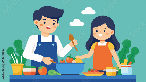 A brother and sister cooking a healthy and delicious dinner together having fun and bonding over their shared goal of taking care of their bodies.. Vector illustration
