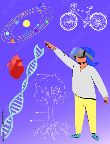 A child wearing virtual reality glasses (or VR goggles) sees many different things about the world. Virtual reality. Vector illustration.