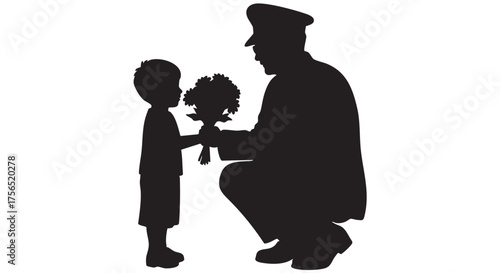 A poignant silhouette capturing a child giving flowers to their military veteran in uniform. Symbolizing love, appreciation, and the beautiful bond between family.