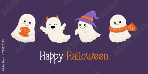 set of cute halloween ghosts on purple background. Collection ghost in flat style. Vector illustration