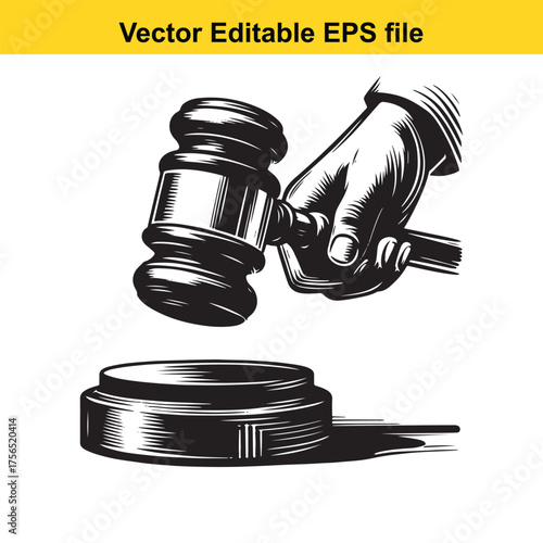  vector art of hand holding a gavel over a sounding block, , representing justice and law
