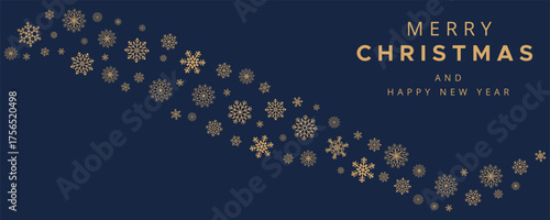 Curved arc made of gold snowflakes on dark background. Elegant winter ornament for seasonal greeting cards, invitations