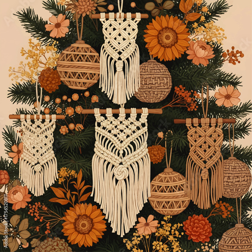 Christmas tree decorated with handmade macrame ornaments, woven balls, and orange and pink flowers.