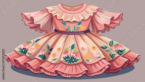 Very beautiful pastel pink dress with ruffled sleeves and floral embroidery, soft tulle layers, creating a dreamy, stylish, and playful outfit for children, perfect for vector and illustration composi
