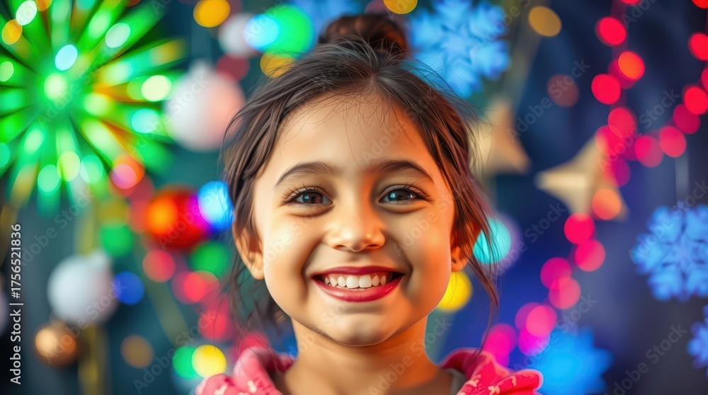 Fototapeta premium The girl smiles and looks at the camera as the New Year's fireworks explode in the street.