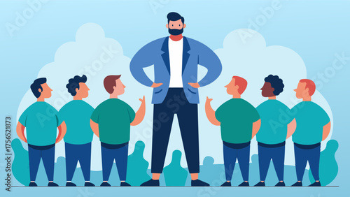 A body positive coach standing in front of a group of men and saying Focus on how you feel not how you look.. Vector illustration