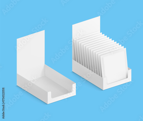 Blank shelf-ready box with sachet mockup. Vector illustration on colour background. Easy to use for your product. EPS10.	