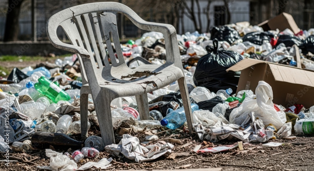 Obraz premium Abandoned plastic chair among scattered trash