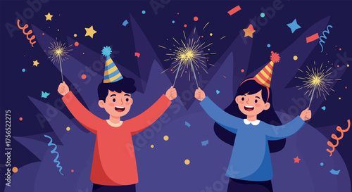Happy birthday and New Year celebration with a fantasy fairy woman and child under a magic winter night sky of stars and snow as a vector cartoon illustration