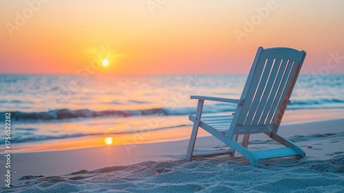 Serene Beach Sunset with Empty Deck Chair.