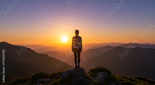 Silhouette of a Woman on Mountain Peak at Sunrise, Embracing Nature's Beauty