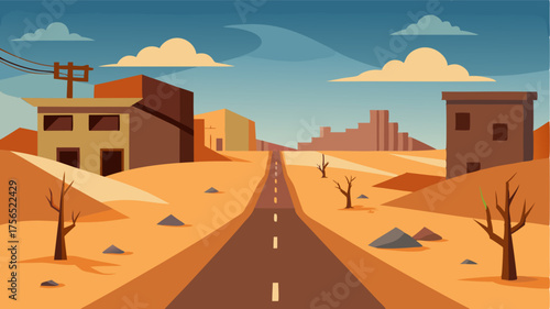 A remote street in the middle of the desert with buildings halfburied in sand and tumbleweeds rolling through the empty roads.