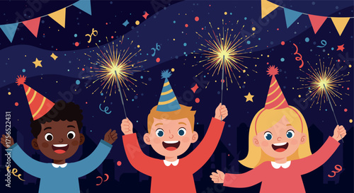 Three kids celebrating with sparklers and party hats against a dark blue confetti background, Adobe Illustrator Artwork