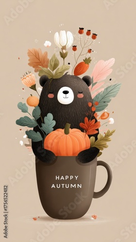 cute vector flat illustration of a bear in a coffee mug with a pumpkin and fall leaves, text 