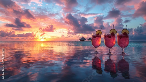 Tropical Sunset Cocktails on a Beach.