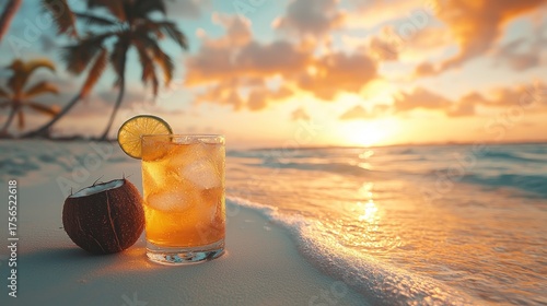 Tropical Sunset Beach Scene with Refreshing Cocktail and Coconut.
