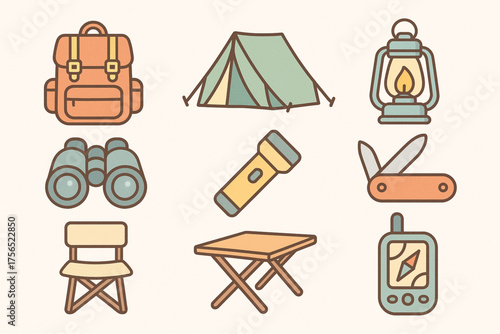 Camping gear cartoon icons in pastel grid layout