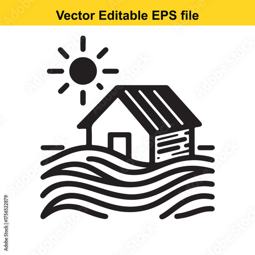  vector art of stylized black and white illustration of a house surrounded by wavy lines representing water, with a sun icon above