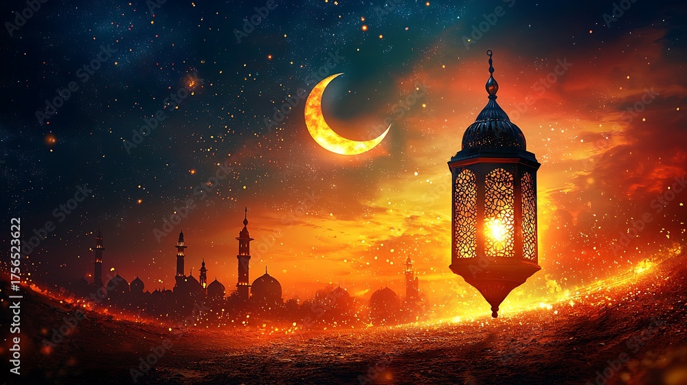 Fototapeta premium Ramadan Lantern and Crescent Moon over Cityscape at Dusk.