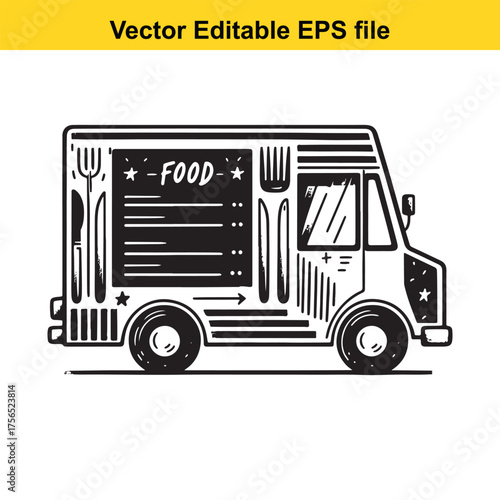  vector art of handdrawn illustration of a food truck with menu and utensils