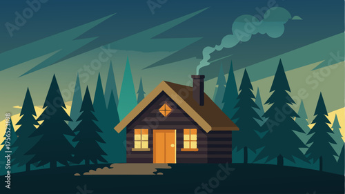 A lone cabin nestled within the pine forest with smoke rising from the chimney and inviting warmth radiating from within.